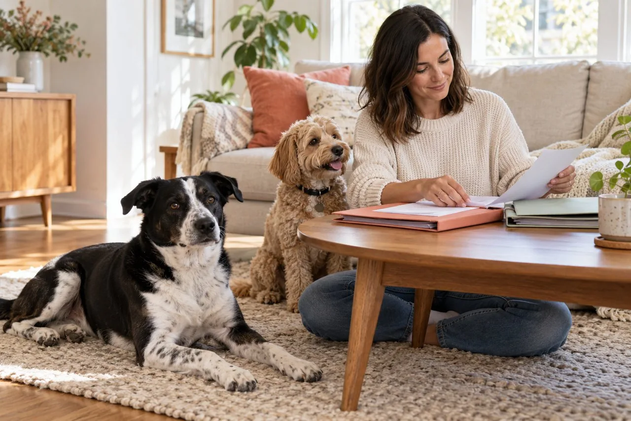Owner reviewing documents at home beside two dogs